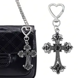 Gothic Style Cross Bag Charm, Heart Keychain, Fashion Accessory for Women and Girls, Dark Gothic Jewelry, Perfect for Stylish Bags