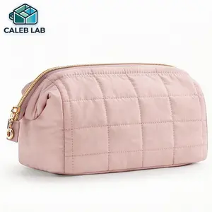 Large Puffy Padded Makeup Bag, Wide-Open Travel Cosmetic Organizer for Women, Stylish Quilted Toiletry Pouch, Fashionable & Versatile
