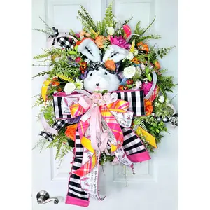 Spring Wreath - Buffalo Plaid Pink & Orange Bunny