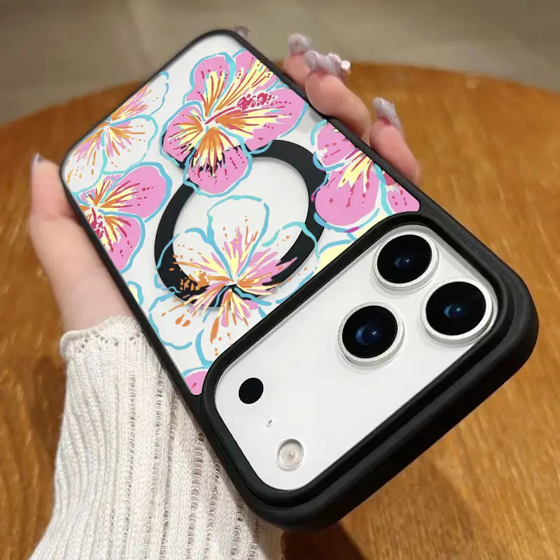 Cartoon Pink Flowers MagSafe Acrylic Silicone Case for iPhone 17 Pro Max,16,16e,15,14 Plus,13,12,11,X,XS - Phone Accessories with Protection, Shockproof, Scratch Resistant, Wireless Charge Compatible, 2D Printed Valentine's Day Gift