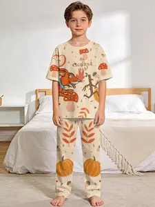 Boys' Digital Printed Short-Sleeve Pajamas with Extended Pajama Pants - Squirrel's Autumn Treasure Hunt 2-Piece Set, Stylish, Trendy, Casual, Comfortable and Soft Sleepwear Set, Suitable for Boys' Sleep and Home Leisure, a Perfect Gift for Boys