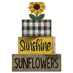 4 Pcs Sunflower Wood Table Decor, Sunflower Wood Table Block Decoration, Tiered Tray Decor Wooden Tabletop Sign Farmhouse Rustic, Wooden Sign Centerpieces for Home Party