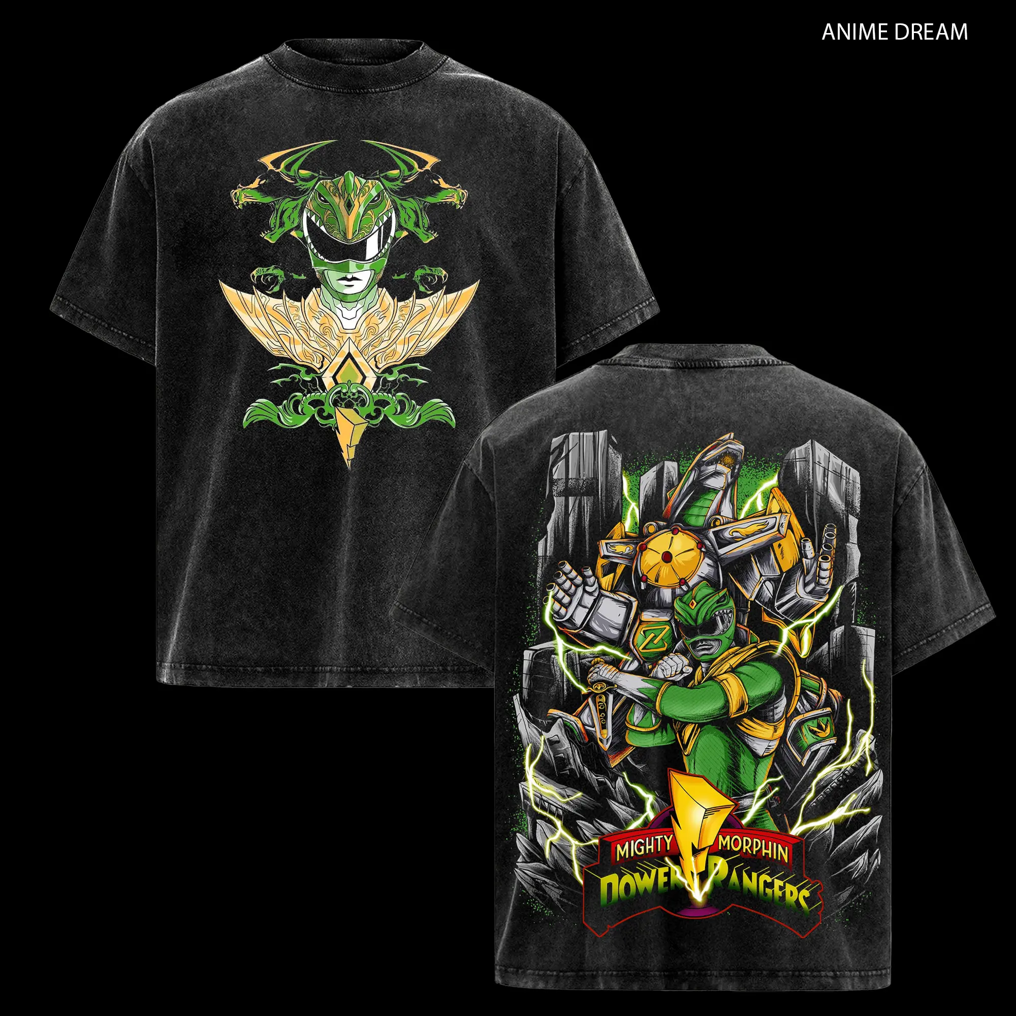 Menswear Dragonzord Green Ranger Mighty Morphin Power Rangers Classic Seamless Round Neck Short-Sleeve Vintage Washed Oversize Heavyweight Cotton Unisex T-Shirt, Gift For Anime Fans