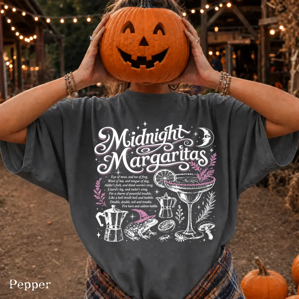 Comfort Colors Midnight Margaritas T-Shirt, Cute Witch Halloween Cocktail Graphic Tee for Women, Spooky Season Practical Magic Fall Tee, Gift for Her