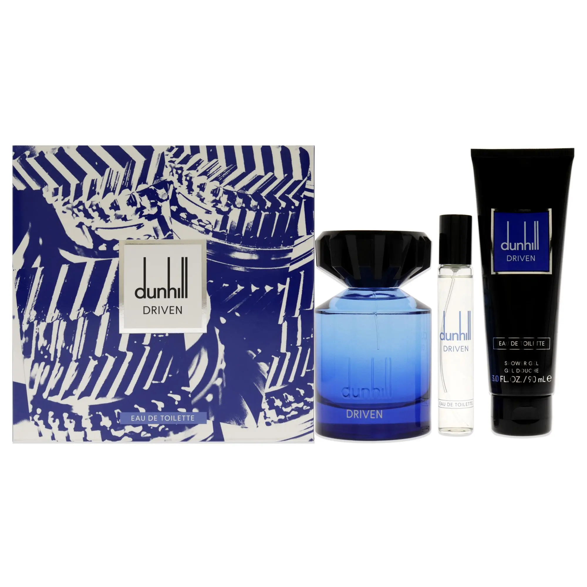 Men's Alfred Dunhill Driven Blue Gift-Ready 3-Pc Set - 3.4oz EDT, 3oz Shower Gel, 0.15ml Travel Spray (Spray/Gel Collection), Luxury Brand