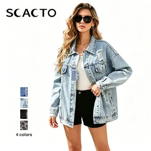 Scacto Vintage Distressed Denim Jackets for Women Summer Jacket Ripped Fringe Jean Jacket Casual Sleeve Pockets Jackets Coat Fabric Fashion Womenswear Soft button jacket All Season Outerwear Oversize