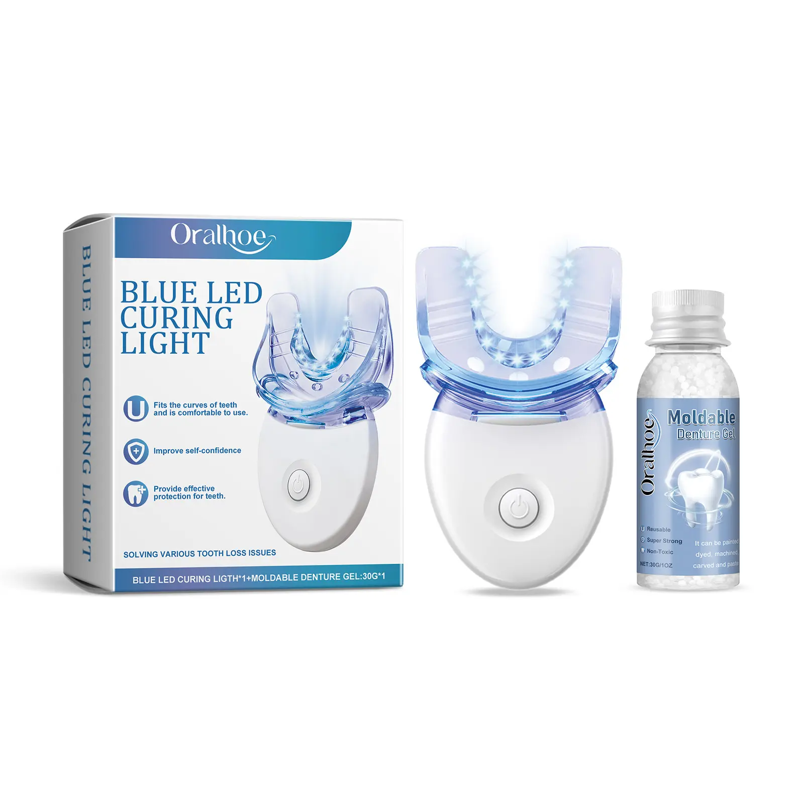 ELHOE BLUE LED CURING LIGHT+ Moldable Dental Gel Dentures Temporary Fillings Cavities and Teeth Fillings Temporary Tooth Filling Denture Kit Oral false tooth fake