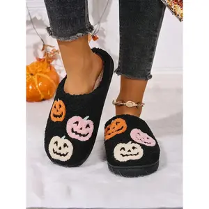 Halloween Pumpkin Women's Home Slippers, Fall Winter Warm Anti-Slip, Fashion Cartoon Pattern, Textile Upper, Tpr Sole, Less Than Ankle Height