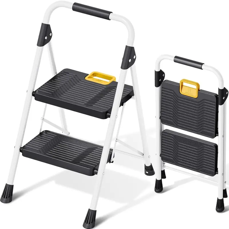 2 Step Folding Ladder, 800lbs Capacity Step Stool with Safety Lock, Non-Skid Wide Pedals, and Handrail, Lightweight, Household Ladder for Home, Kitchen, Pantry, Closets, and Office Use, White