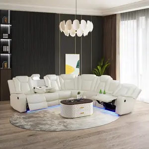 Living Room Leather Recliner Sofa Set, 3-Piece White Breathable Indoor Furniture