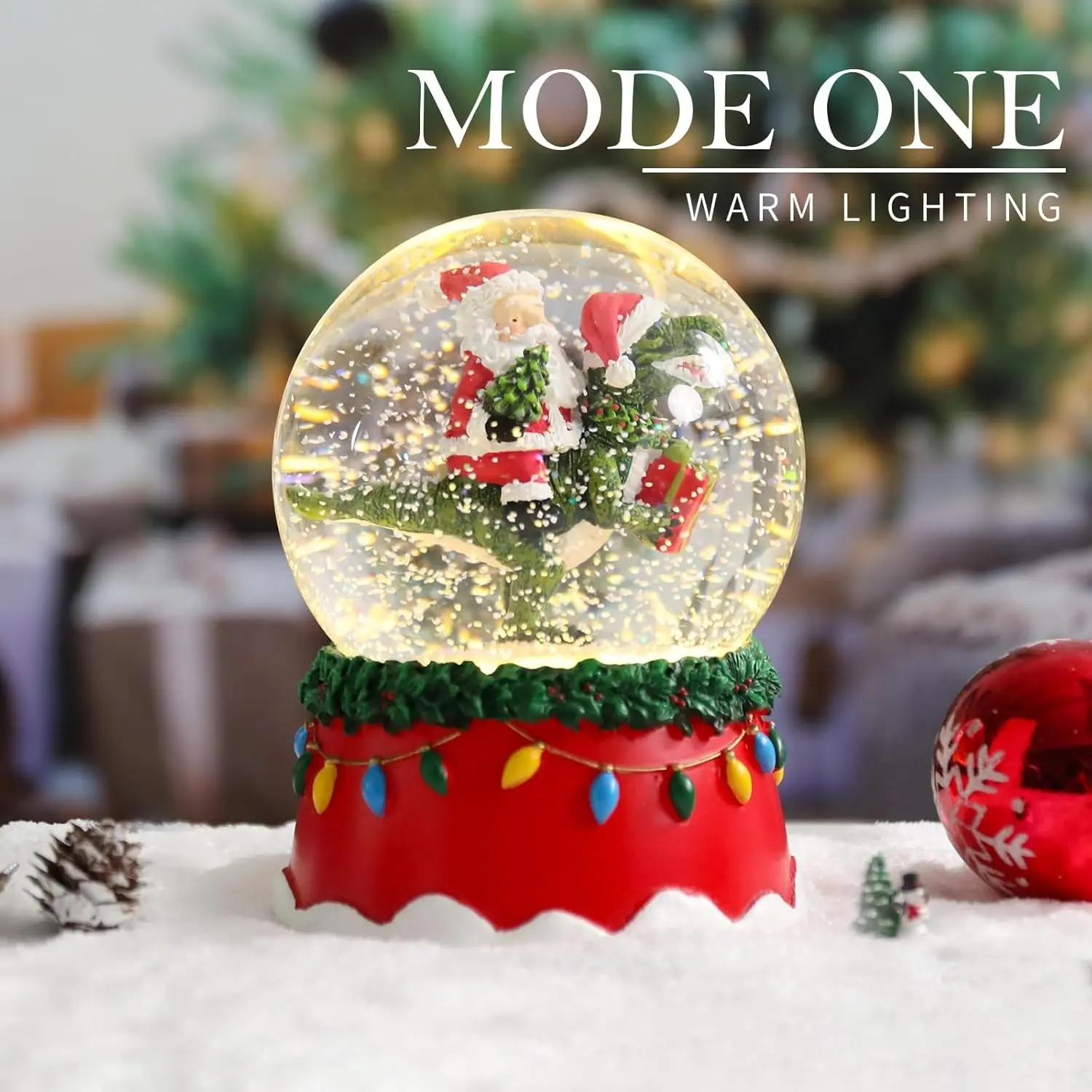 Christmas Snow Globe with Santa and Dinosaur, 3.9x3.9x5.1 Inch LED Light-Up and Music, Battery Operated Holiday Decoration – Festive and Fun for Holiday Décor and Gifts