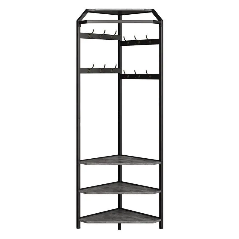 Corner Coat Rack with Shoe Bench Entryway and 12 Double Hooks, Corner Hall Tree - Corner Clothes Rack with Storage Corner Tree with Organizer Shoe Bench Shelf for Entryway, Hallway, Closet, Brown
