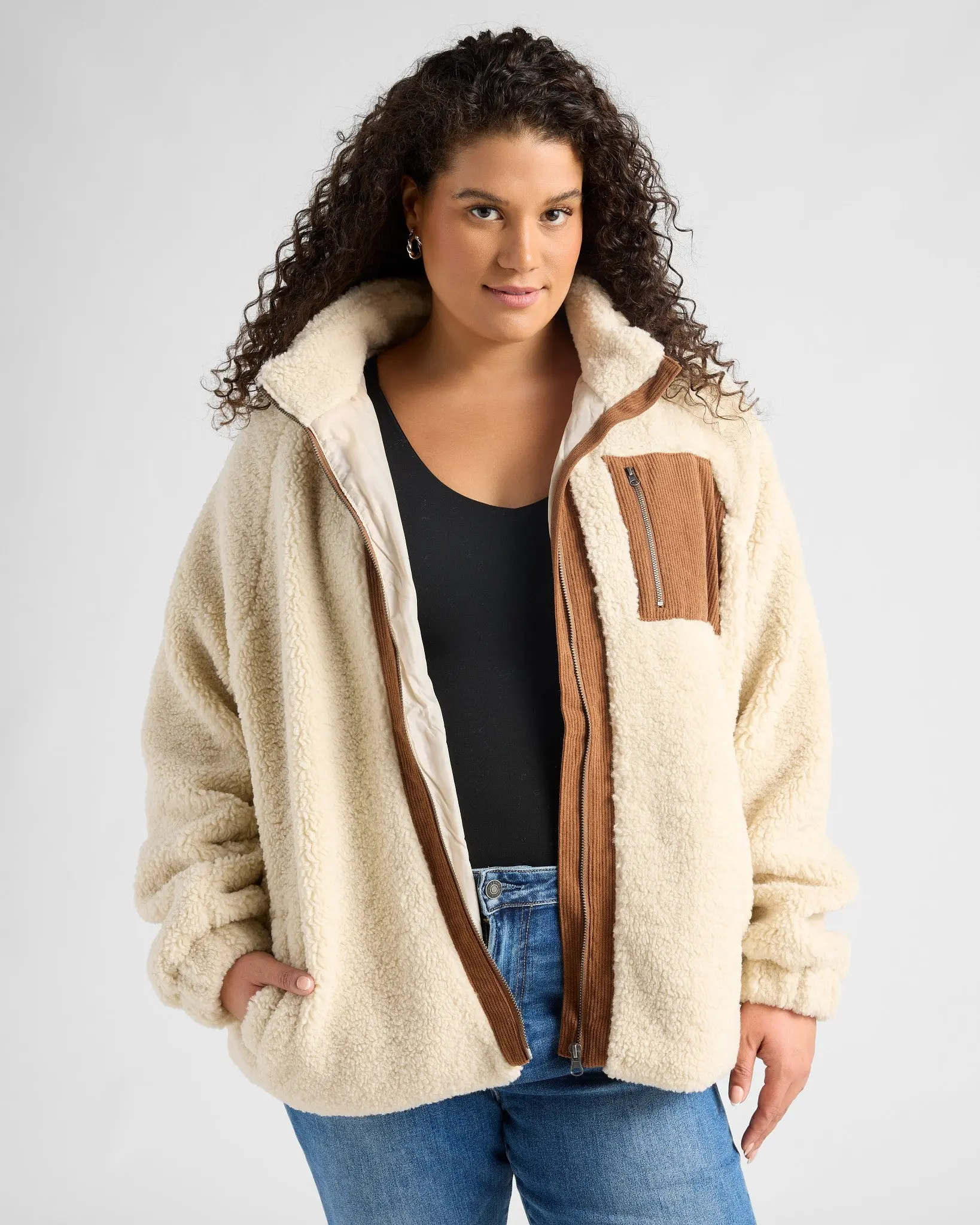 Women's Casual Oversized Sherpa Tops, Cozy Zip-Front Outerwear Coat with a Standing Collar and Corduroy Side Pockets, Coats, Long Sleeve, Fit