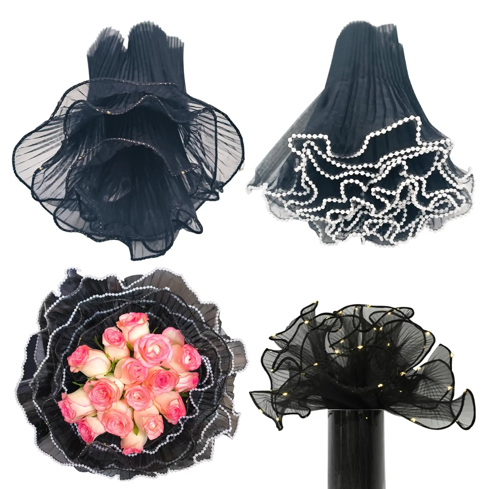 Pearl Wavy Net Ribbon for DIY Crafts, Korean Pearl Bouquet Packaging Mesh (28cm X 4m), Ideal for Valentine's Day, Weddings & Floral Arrangements