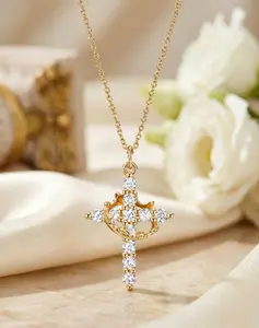 Women Crown Cross Necklace for Shiny Zirconia Plated Gold Pendant Cross Necklace  Necklaces Simple Exquisite Religious Jewelry Gift for Her