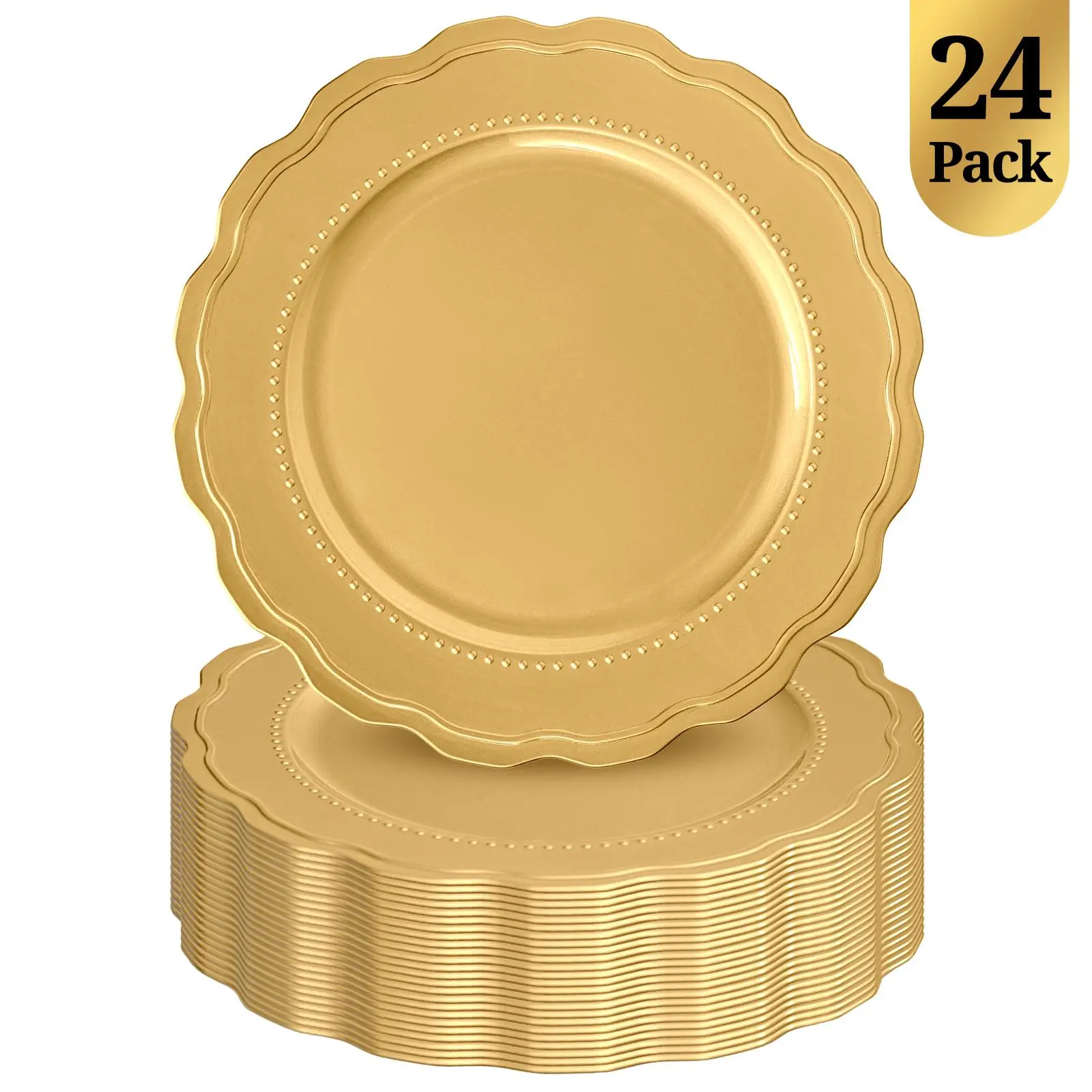 24/50/100 Pack 13" Round Gold Plastic Charger Plates Ruffled Rim Dinner Charger Plates For Weddings Banquet Party Family Feasts Events Thanksgiving home decor Christmas decorations summerwins