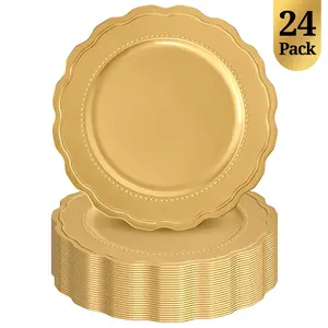 24/50/100 Pack 13" Round Gold Plastic Charger Plates Ruffled Rim Dinner Charger Plates For Weddings Banquet Party Family Feasts Events Thanksgiving home decor Christmas decorations
