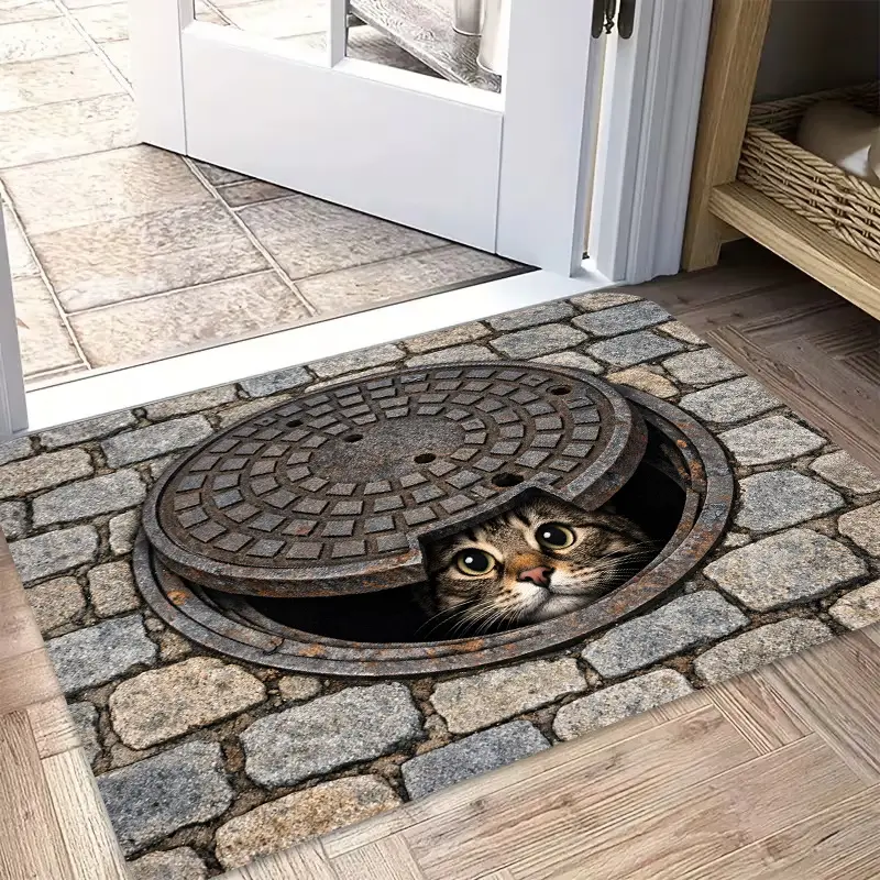 Adorable Cat Faces Non-Slip Indoor Door Mat, 23.6x35.4in Square Multicolor Feline Design Rug, Modern Home Decor for Entryway & Bathroom, Geometric-Floral Style Floor Cover Gift