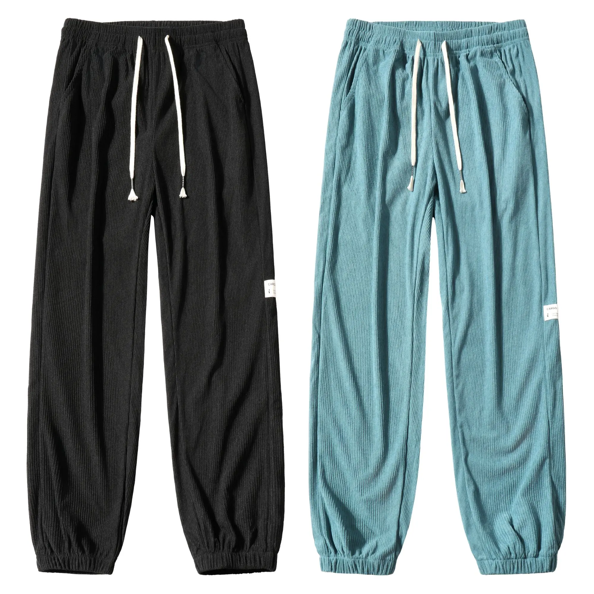 2-pack drawstring joggers with vertical ribbed texture, loose drape, small label, casual athletic sweatpants