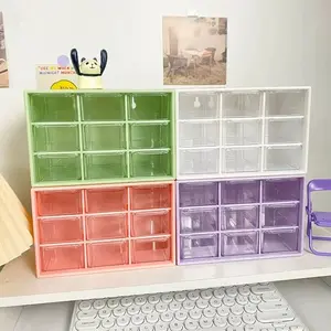 Desktop 9 Grid Storage Boxes Organizer Transparent Small Drawer Partitioned Student Desk Wall-mounted Sundries Storage Box Cute Plastic Korean