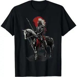 Casual Round Neck Shortsleeve Fashion Cotton Graphic Tees Streetwear Indian Chief Native American Feather Headdress Horse Ride T-Shirt