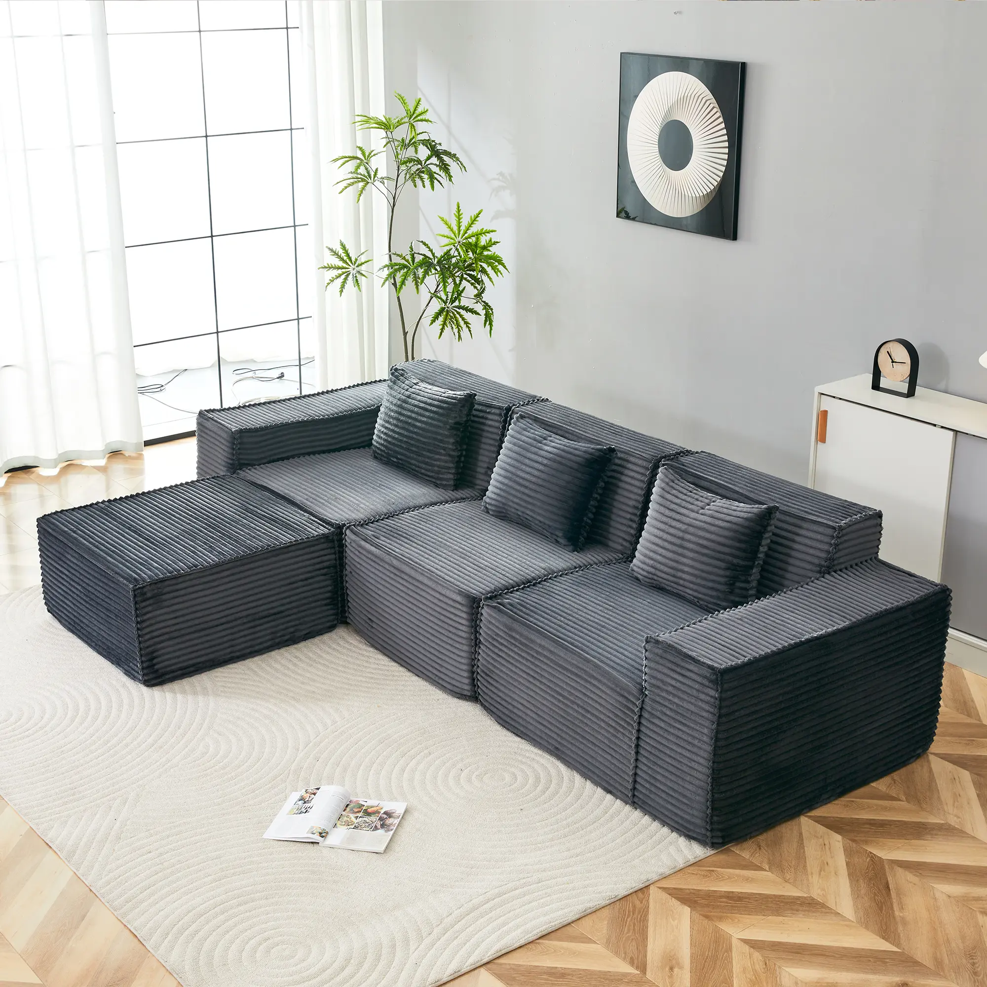 Classic Oversized 3-Seater L-Shaped Modular Sectional Sofa with Removable Footstool - Striped Corduroy, High-Density Foam Filling, Convertible Light Gray Durable Couch for Living Room, Office
