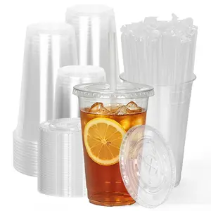 100-Pack Disposable Transparent Plastic Cold Drink Cups with Lids and Straws, 16oz-24oz-20oz Sturdy BPA-Free Cups for Parties, Picnics, Travel (Festive & Home Supplies)