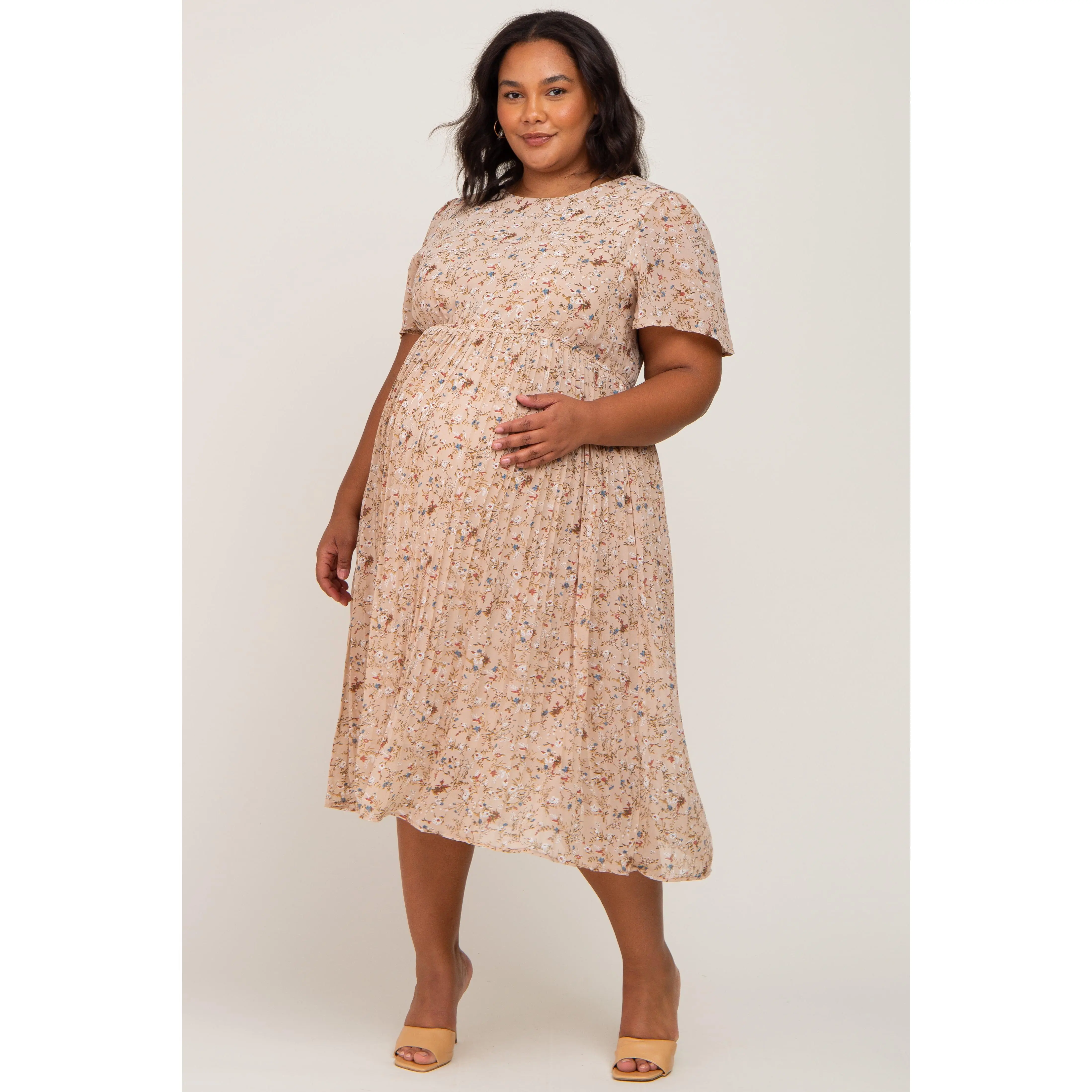 Beige Floral Pleated Chiffon Maternity Plus Midi Dress