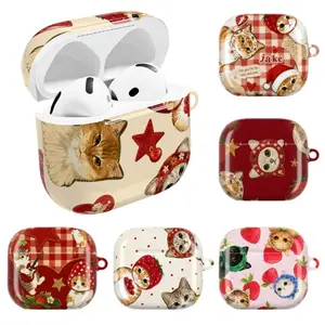 Cute Strawberry Cat Airpods Case, Aesthetic Cartoon Cat Design for Airpod, Protective Cover Lightweight Shockproof TPU