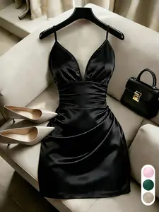 Sexy Knit Sheer Dress, Deep V Neck Ruched Bodycon Skirt, Pure Desire Short Dress, French Sexy Dress, Party Dress, Office Wear