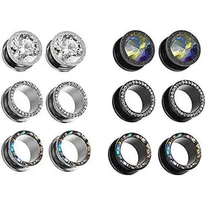 12PCS CZ Gems Ear Tunnels Plugs Gauges Seashell Floral Screws Stretcher Expander Set Piercing Jewelry 2g-3/4