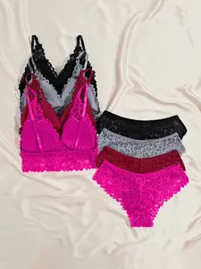4 Pcs Romantic Lace Sexy Women's Bra Set, Wireless Bras, Triangle Pants, Multiway Bras, Lined, Fitted, Plain Pattern, All Seasons, Underwear Women, Elegant