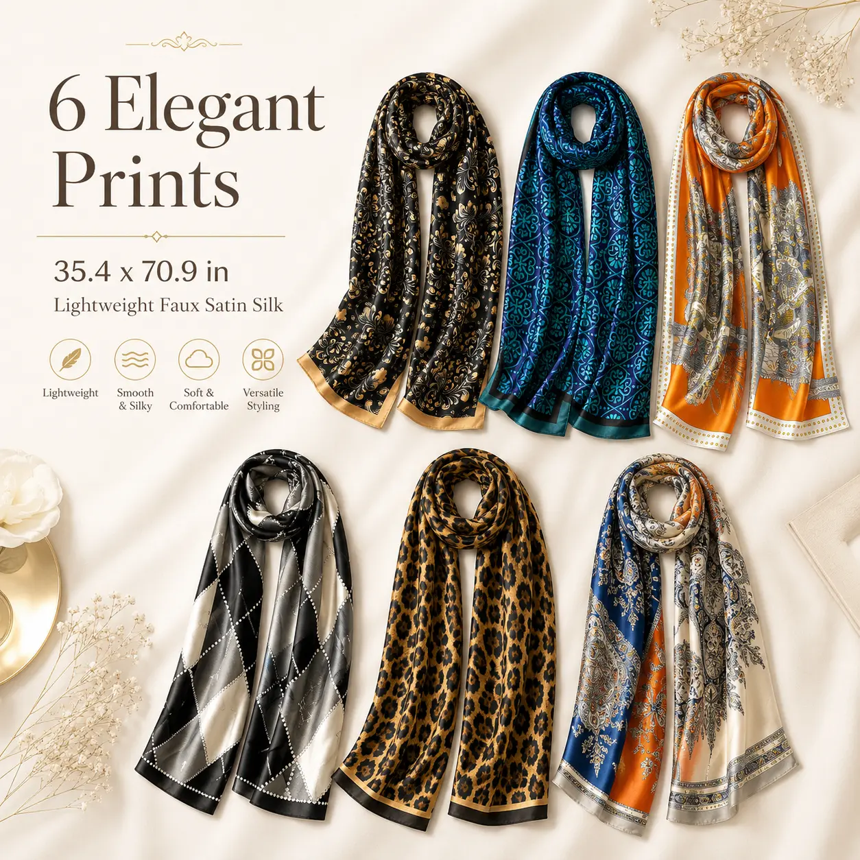 Elegant Large Faux Satin Silk Scarf  Lightweight Printed Shawl, Multi‑Purpose Head Wrap & Shoulder Cover for Evening Ceremony Travel Birthday Gifts
