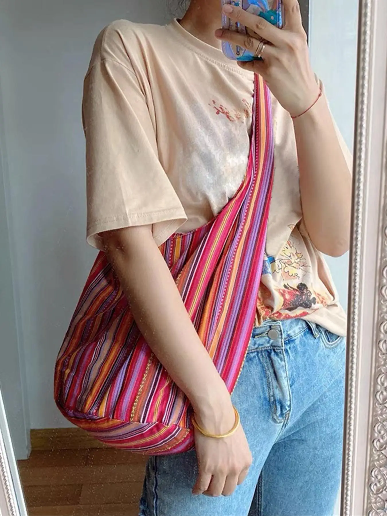 Summer Ethnic Striped Pattern/plain Knot Design Tote Bag, Boho Style Large Capacity Shoulder Bag, Trendy All-match Bag for Daily Used