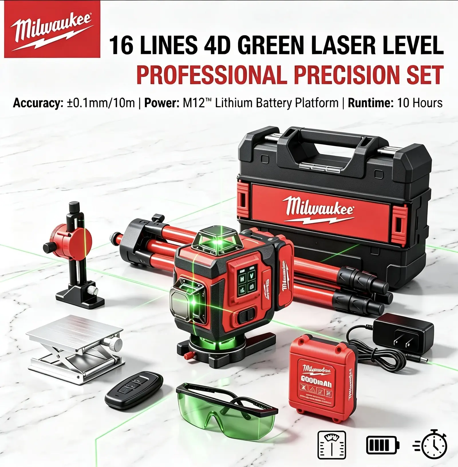 Milwaukee M18 Green 16-Beam Laser Level & Pink Cordless Drill Combo Pack - Multi-purpose Power Tool Set with Dual 6.0Ah Rechargeable Batteries for Outdoor Engineering, House Remodeling