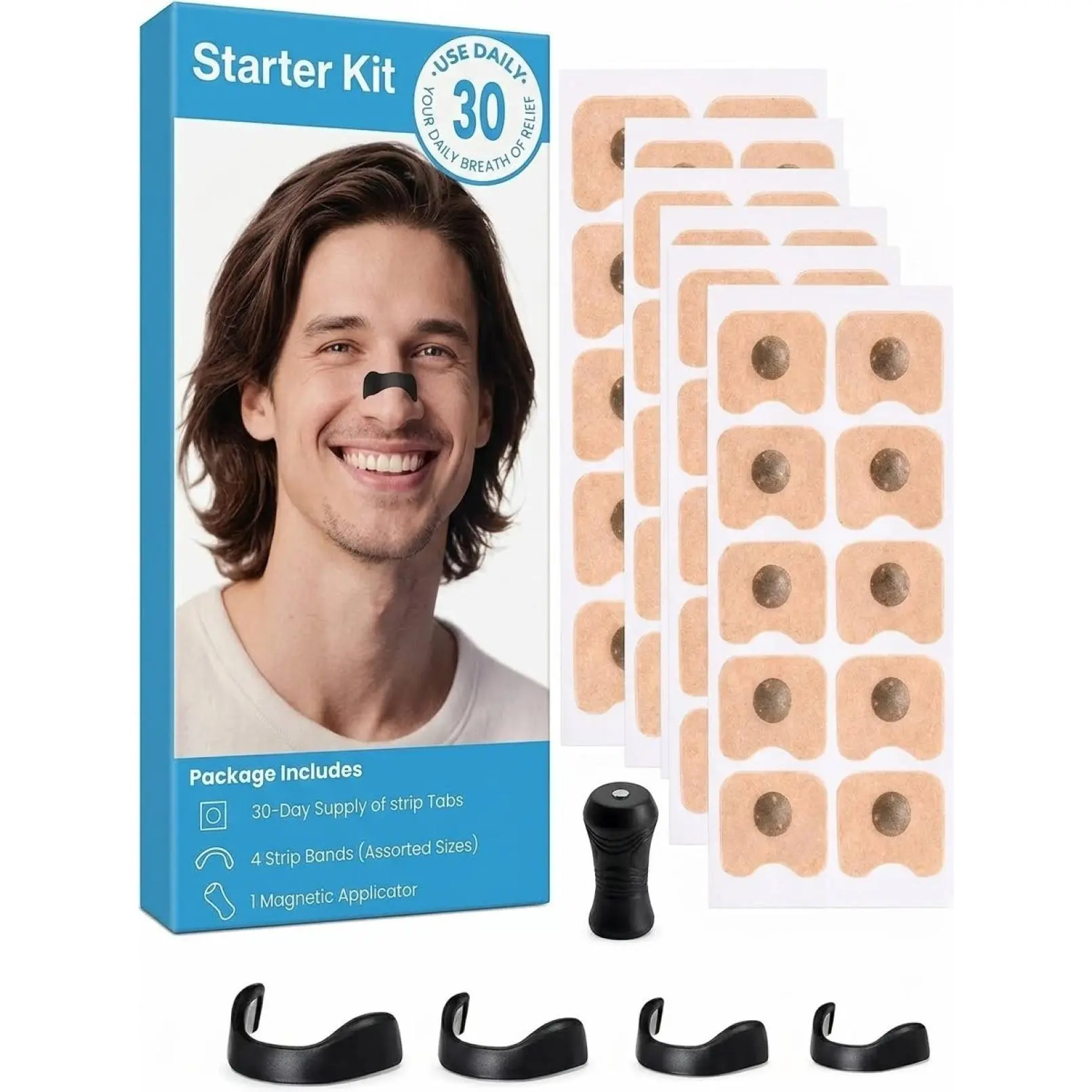 Magnetic Nasal Strip Starter Kit 4 Bands 30 Pairs Adhesive Tabs with Applicator