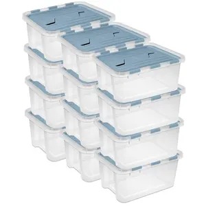 Sterilite 20 Qt Hinged Lid Storage Box, Plastic Container, Washed Blue, 12 Pack