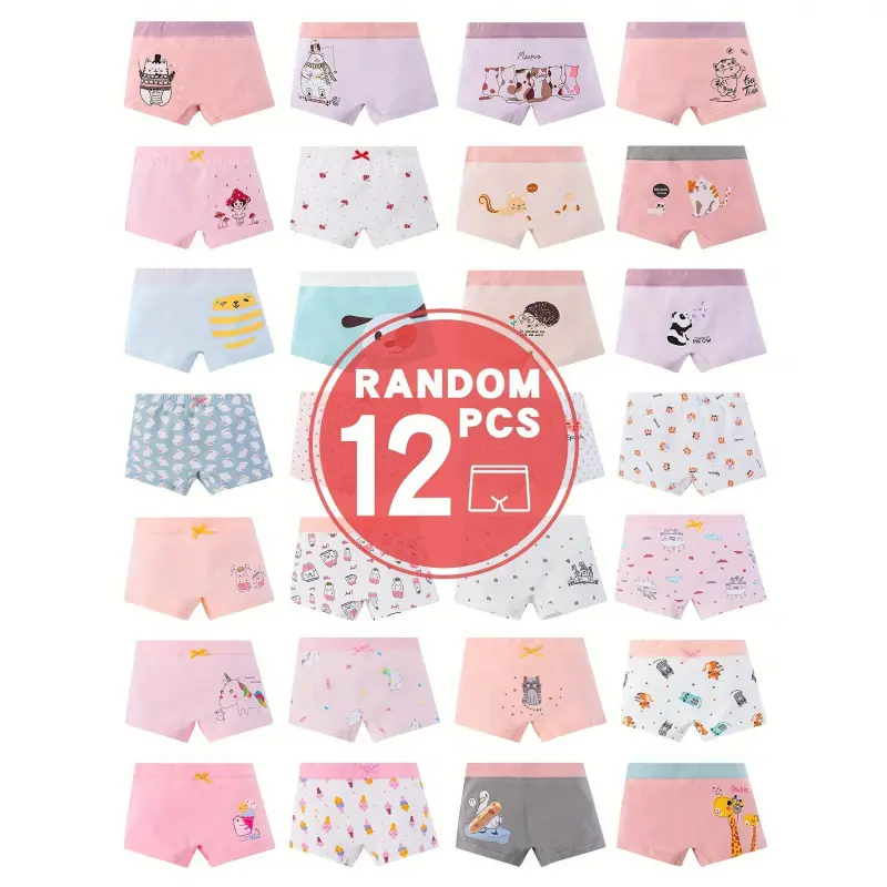 12pcs Soft Cotton Boxer Shorts for Young Girls - Breathable, Comfortable, All-Season Underwear with Cute Cartoon Prints, Breathable Clothing |                         Playful Print Design |                         Stretchable Fabric