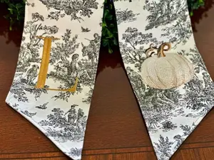 personalized fall black toile wreath sash for front door, custom monogrammed fall white pumpkin porch decor, gift for wedding, housewarming