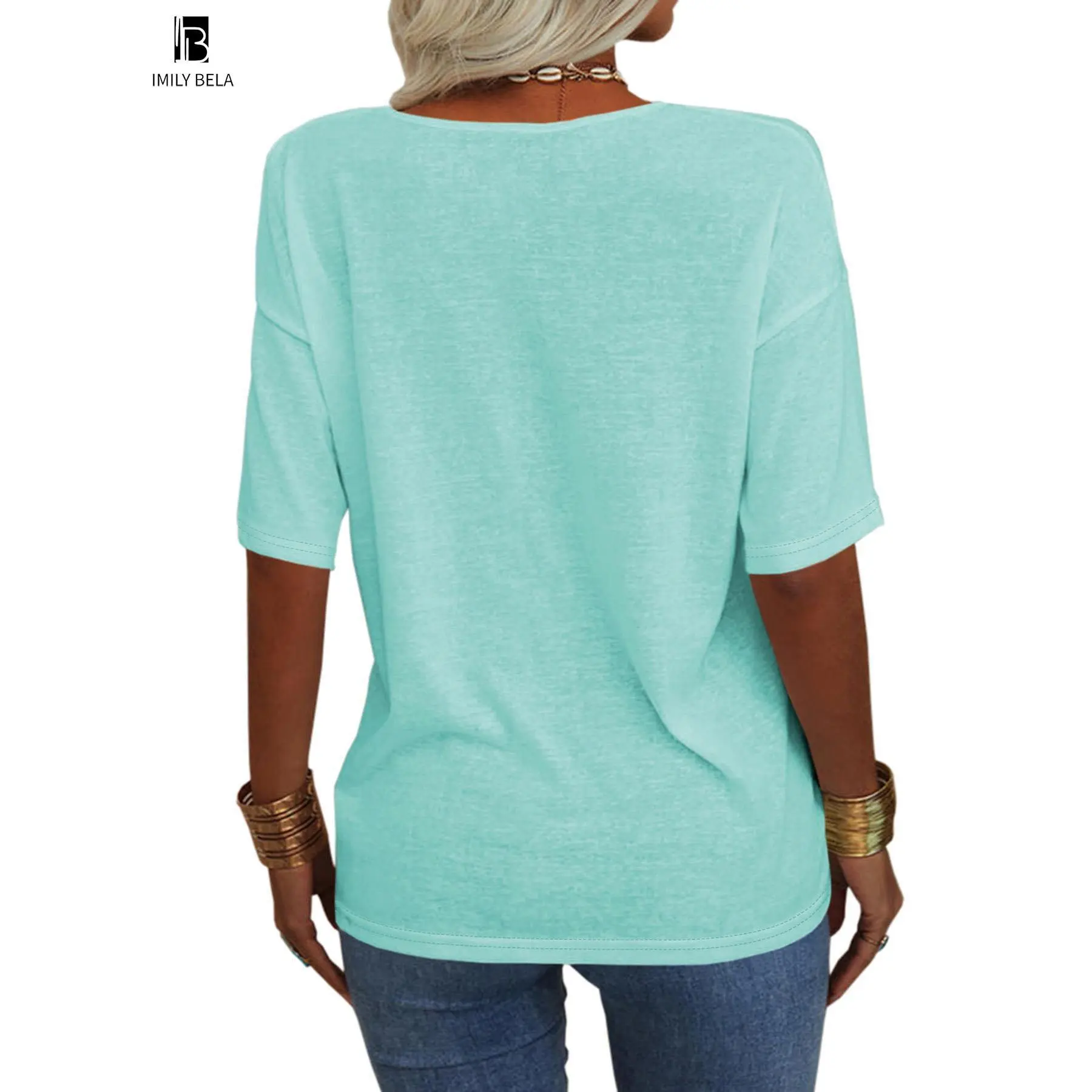 Women's Plain V Neck Drop Shoulder Tee, Casual Chic Minimalist Solid Color Half Sleeve T-shirt for Summer, Women's Basic Top for Daily Wear
