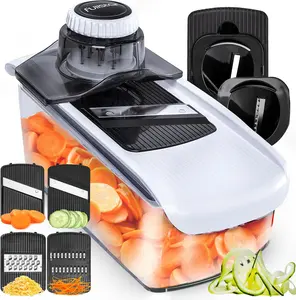 Fullstar 6-in-1 Stainless Steel Mandoline Slicer for Kitchen - Fruit & Veggie Cutter, Cheese Grater, Cucumber Slicer, Spiralizer, Safety Glove Included, White, Dishwasher Safe, BPA-Free, ABS, for Healthy Meal Prep, Holidays, Beginners, Busy Home Chefs