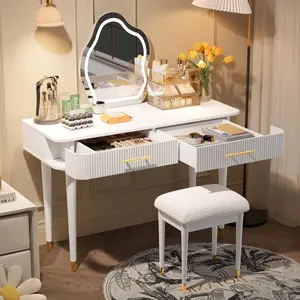 Modern Makeup Vanity Table Set with Touch-Screen Lighted Mirror, Cushioned Stool, 2 Large Drawers, Rubberwood Build, Quick Setup, White Indoor Furniture