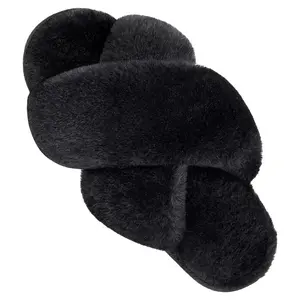VONMAY Women's Cozy Plush Slippers - Fuzzy Cross Band Open Toe Slides, Soft Memory Foam House Shoes, Comfy Fur SPA Footwear for Home and Walking