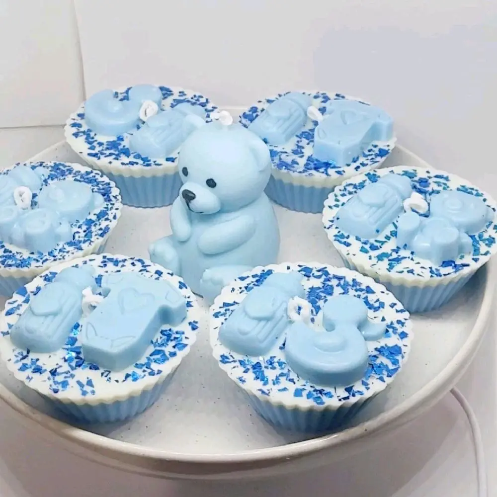 Baby Bear Candle Set with 6 Cupcake-Shaped Candles in Blue Color for Baby Themes Decor Decoration