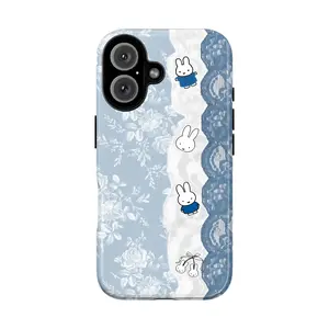 Cute Blue Miffy Bunny Phone Case for iPhone 17 16 15 14 13 12 11 Pro Max, Kawaii Floral Lace Coquette Aesthetic Cover, Soft Blue Rabbit Cartoon Protective Case, Vintage Bunnycore Pastel iPhone Case, Cute Japanese Soft Girl Gift for Her