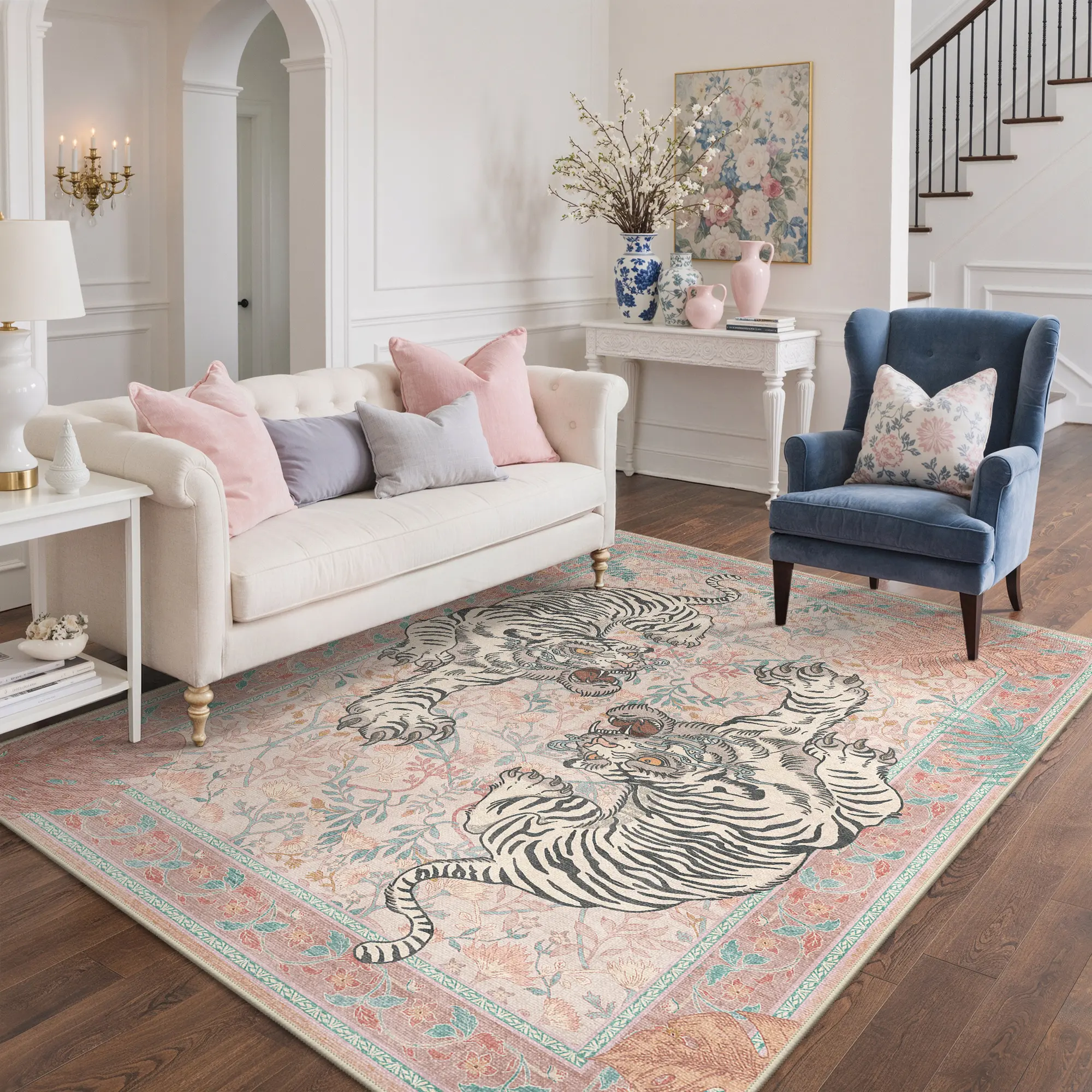 【Deals For You Days】GENIMO Tiger Area Rug ，Boho Vintage Hallway Runner Non-Slip, Soft Low Pile Pink Tiger Rug, Botanical Animal Carpet for Entryway Bedroom Laundry