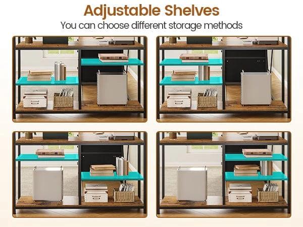 Sikaic 58 Inches L Shaped LED Gaming Desk Brown with 7 Tier Shelves, 1 Glass Cabinet & 3 Drawers, Reversible Design, RGB LED Light Strips, Modern Engineered Wood