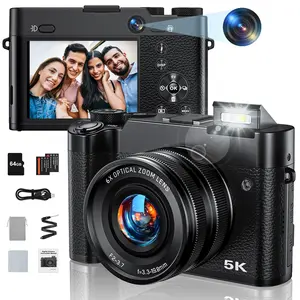 6X Optical Zoom Digital Camera, 5K 64MP Vlogging Camera, Rear and Front Cameras for Photography and Video, Travel Selfie with Flash