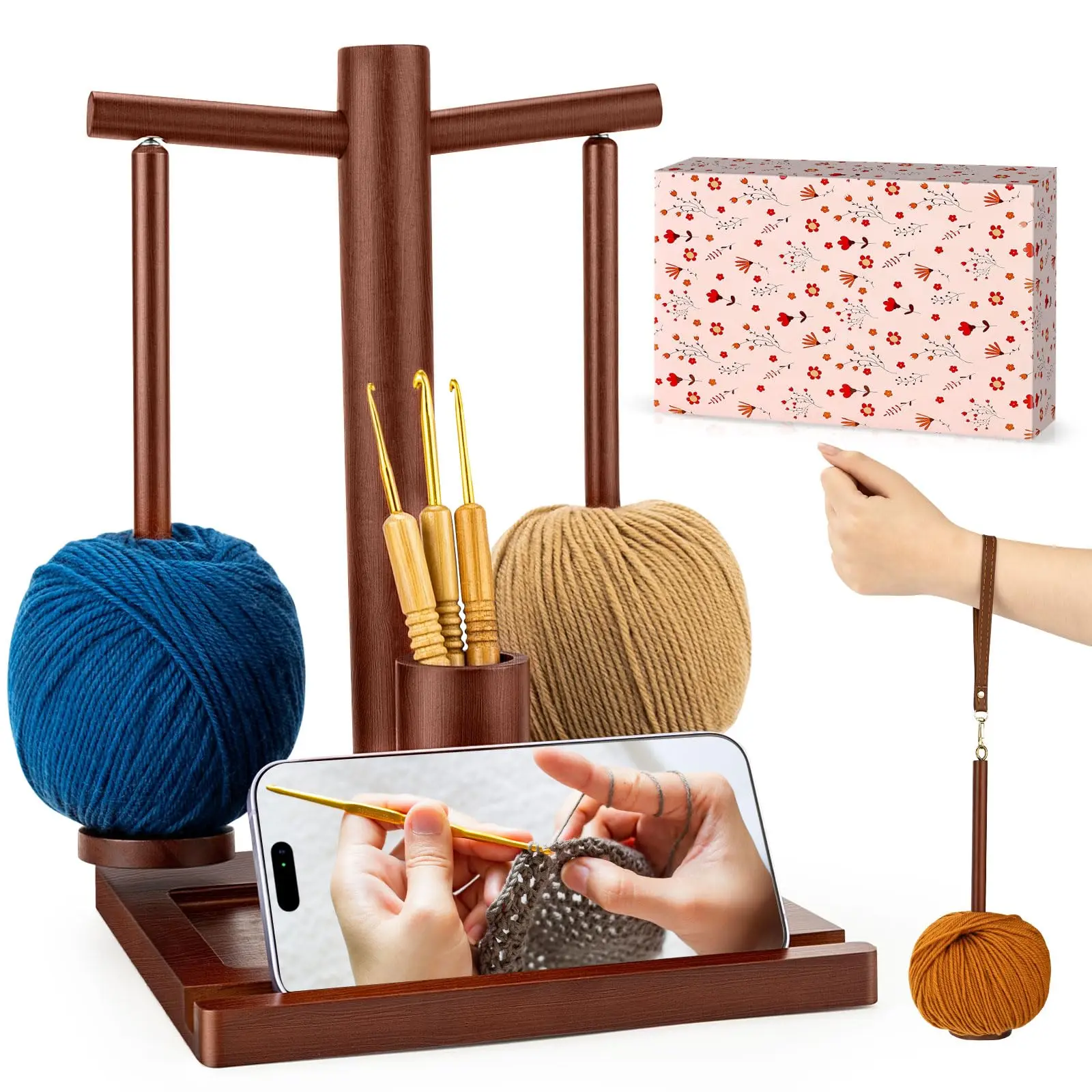 OrbitShell 2-in-1 Magnetic Yarn Holder Spinner Portable Kit - Natural Wood, Dual-Spindle, Magnetic Rotation, Phone Stand, Portable Strap, Maximized Storage, Fits 2-3 Yarn Balls/Cakes, Gift-Ready for Knitting Craft Enthusiasts