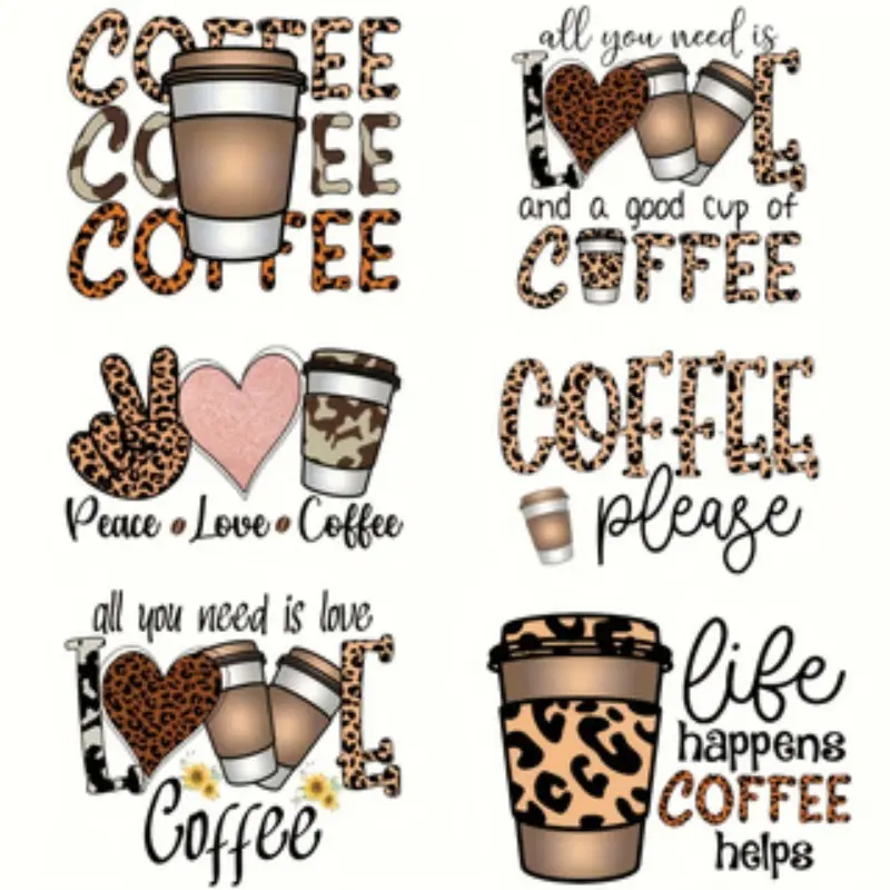 6-Piece Trendy Coffee Theme Vinyl Iron-On Transfer Set, Craft DIY Fashion Application, Multifunctional Heat Press Stickers for T-Shirts & Backpacks